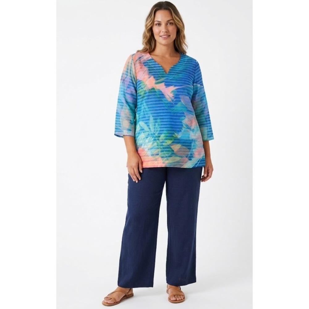 Soft Surroundings Top Large Tropical‎ Floral Stripe Textured V-Neck Stretch